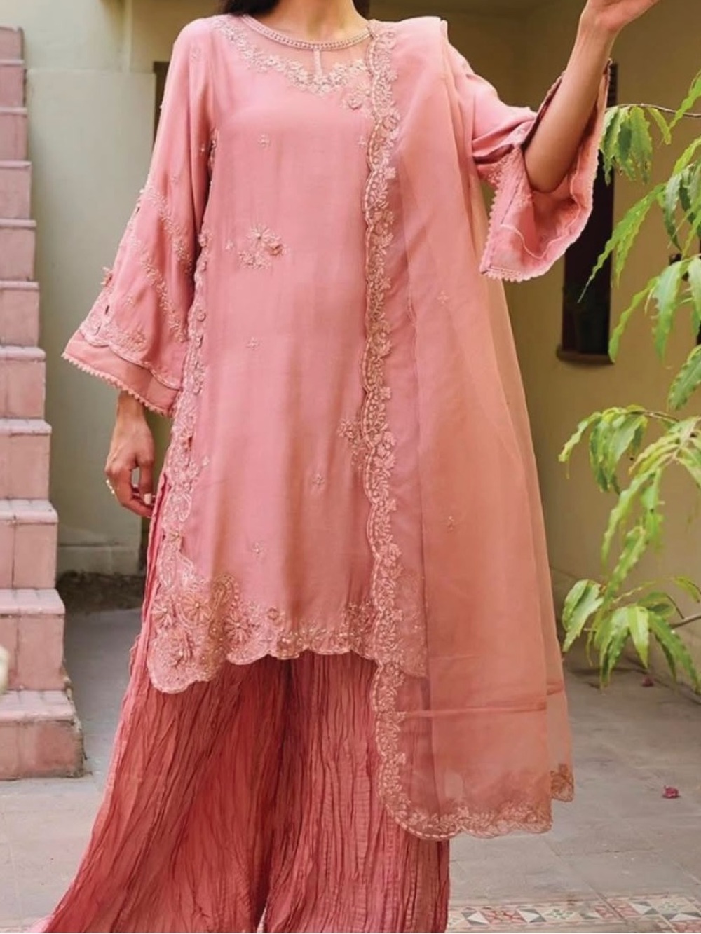 Dhanak Embroidered Pink Lawn Kurta Set - large